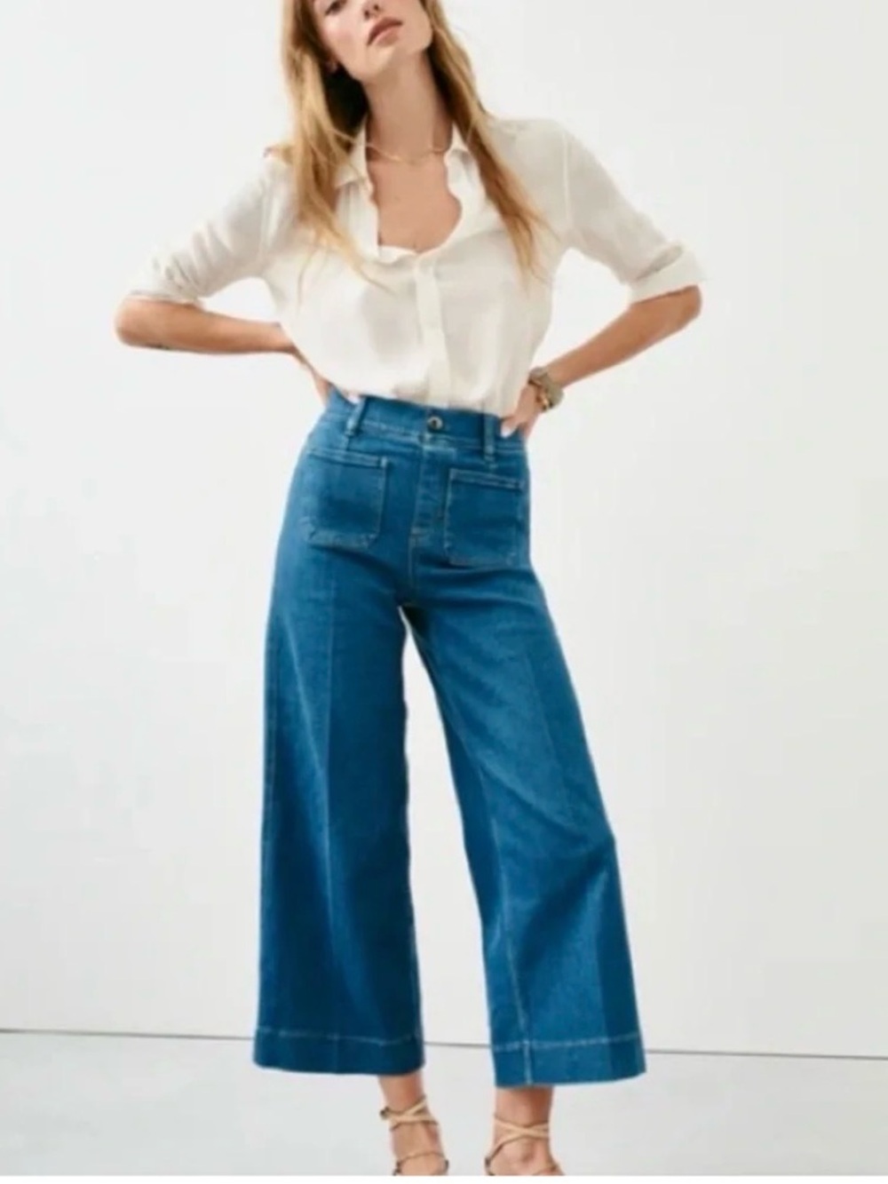 SPANX Women's Cropped Wide Leg Jeans in Washed Blue 1X